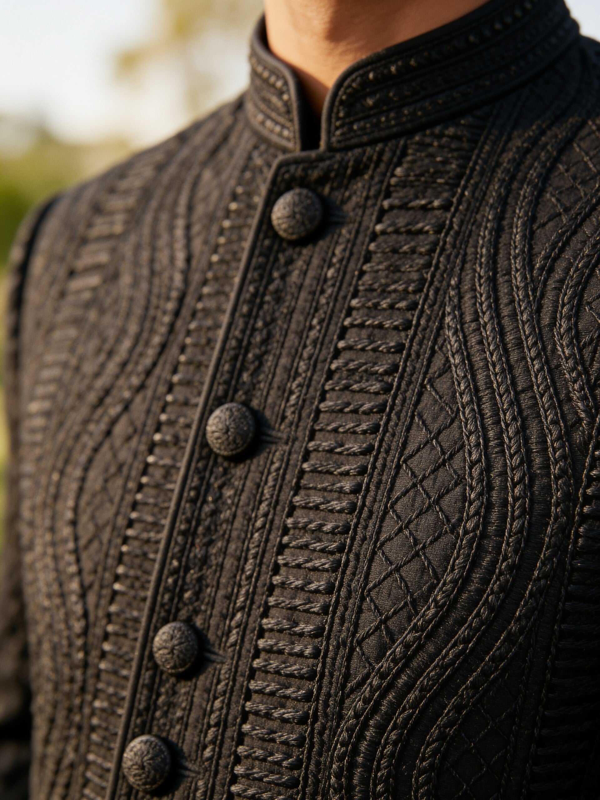 Herringbone & Sui — Textured Bandhgala Suit — Black, palace macro