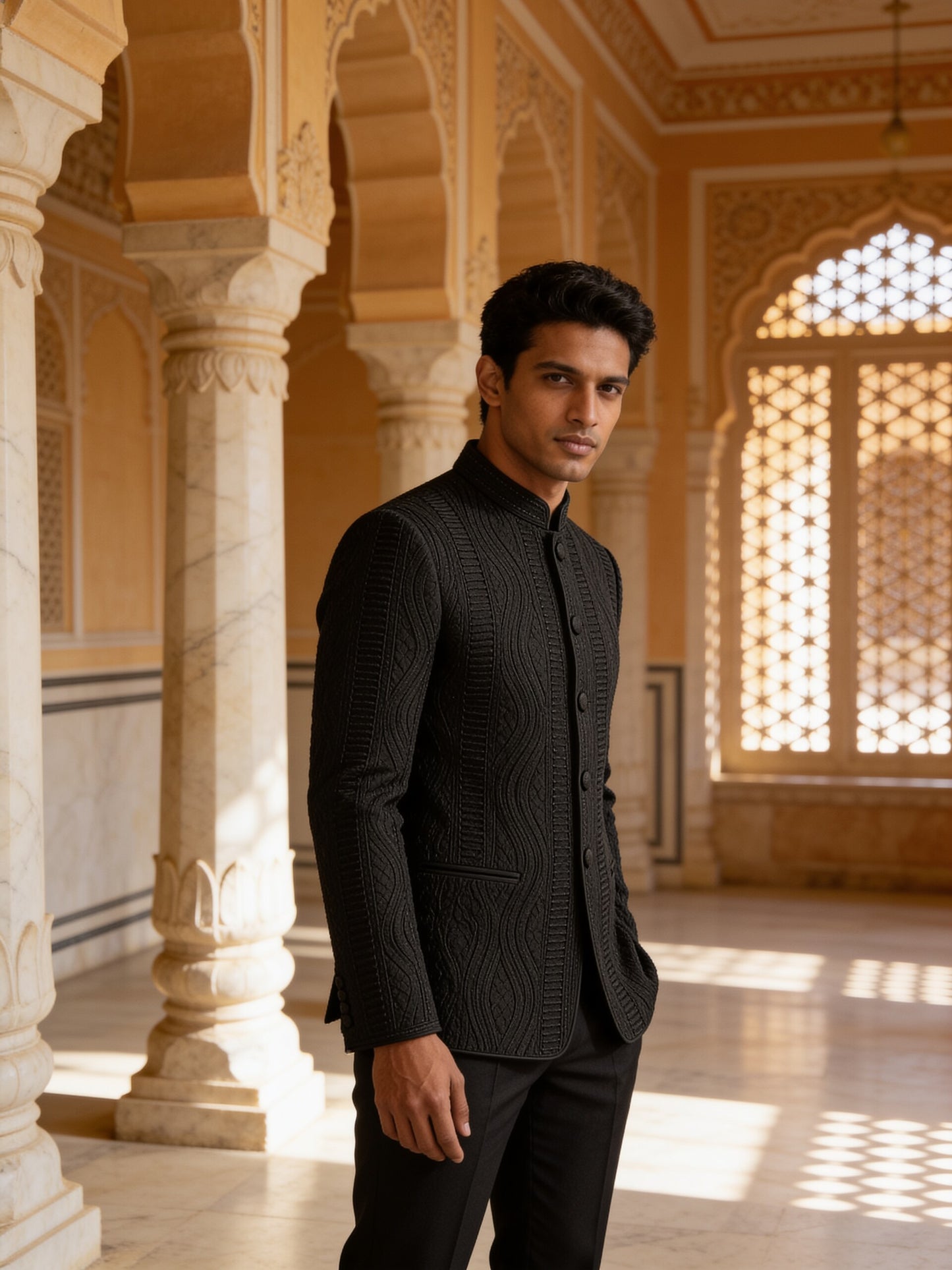 Herringbone & Sui — Textured Bandhgala Suit — Black, palace three-quarter