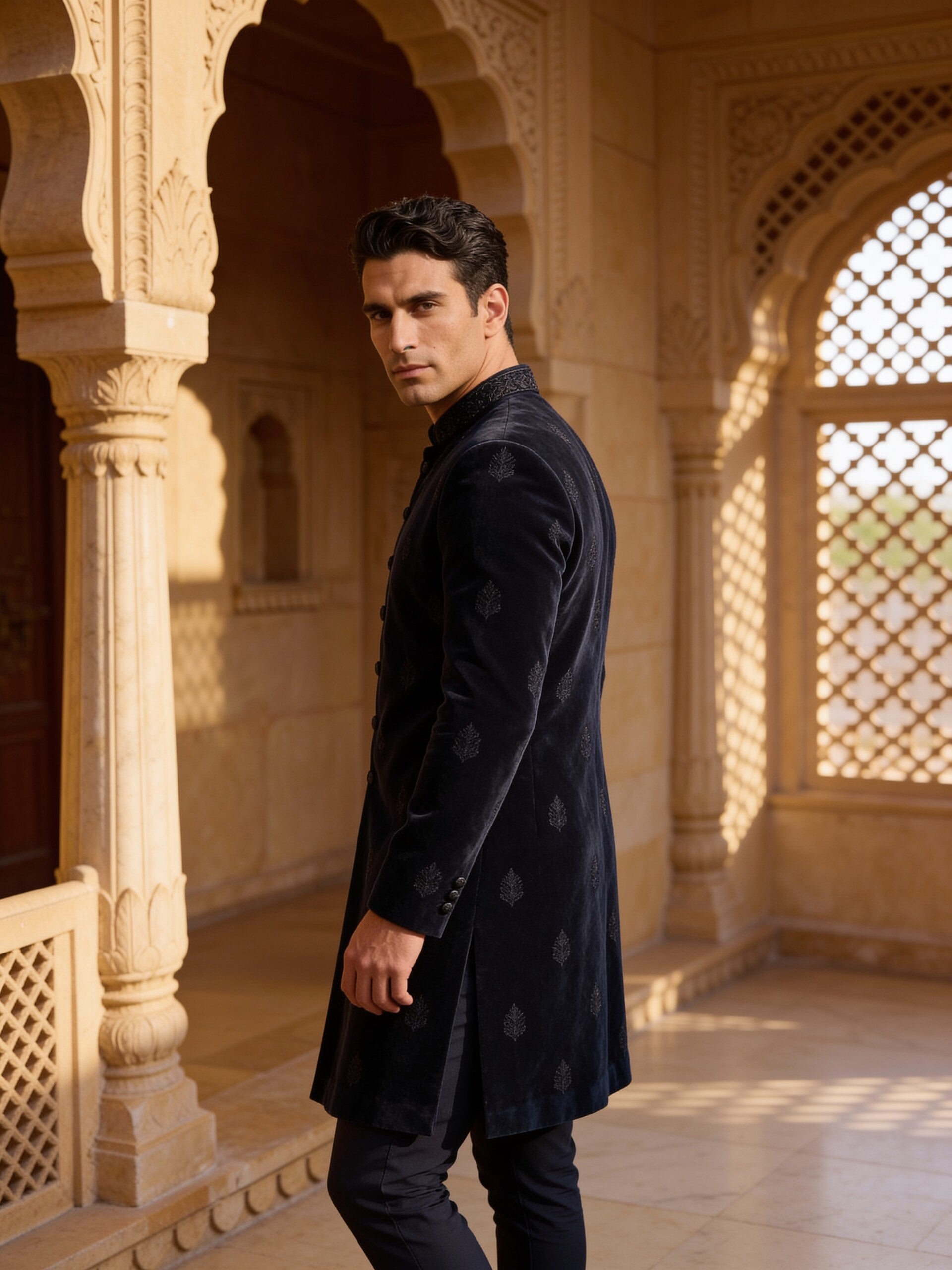 hs26-velvet-sherwani-ink three-quarter