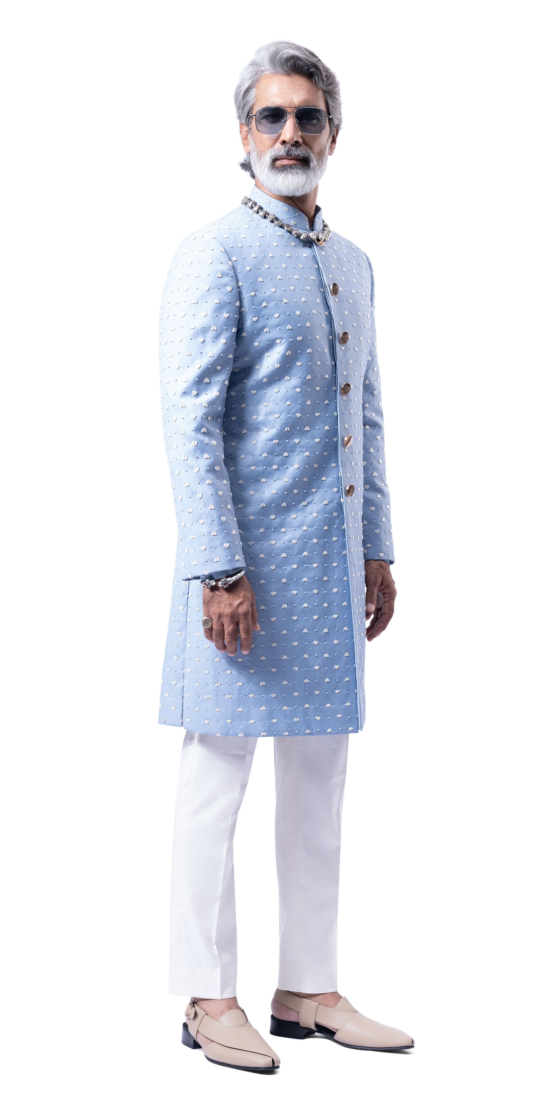 Ice Blue Peak & Valley French Knot Highlight Sherwani