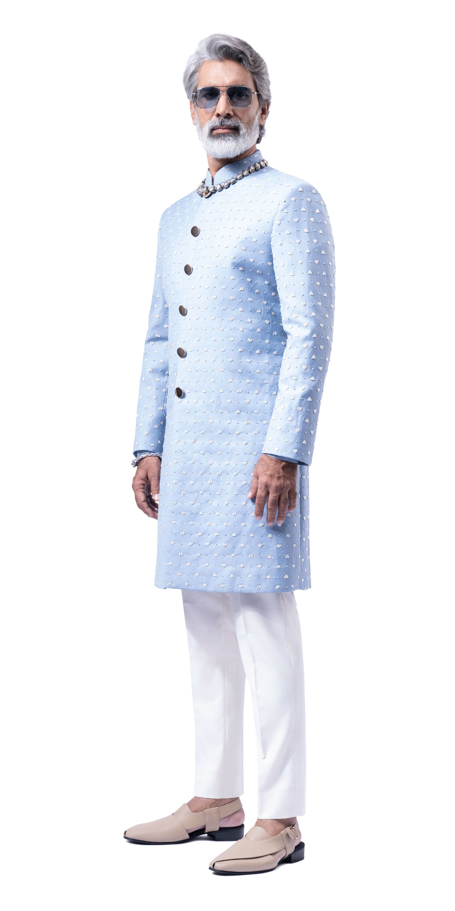 Ice Blue Peak & Valley French Knot Highlight Sherwani