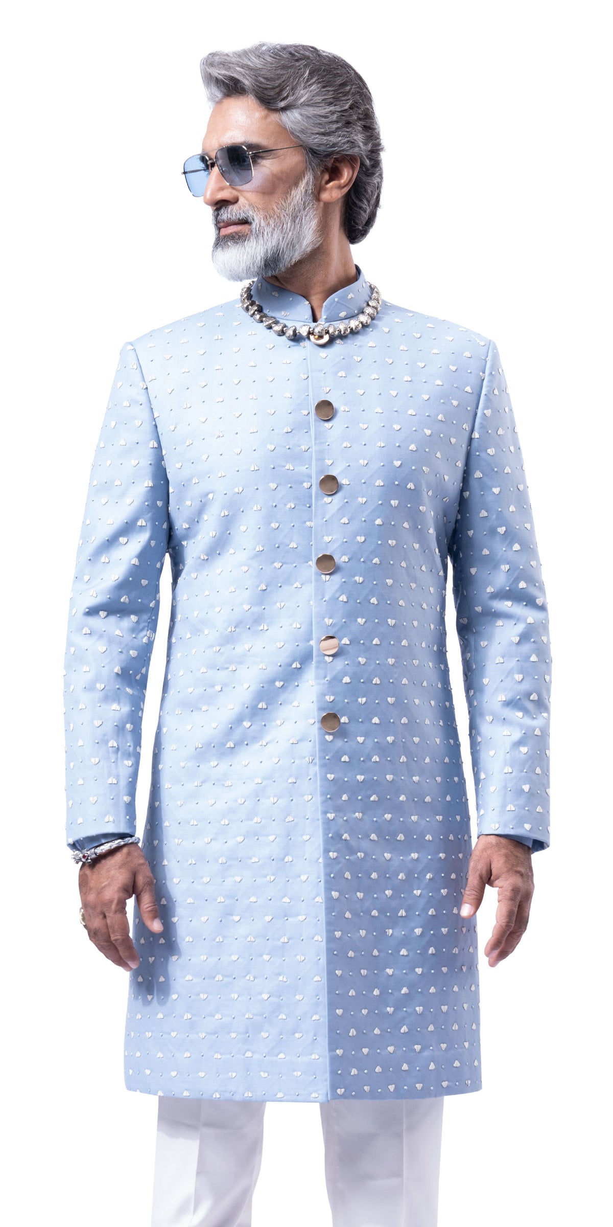 Ice Blue Peak & Valley French Knot Highlight Sherwani