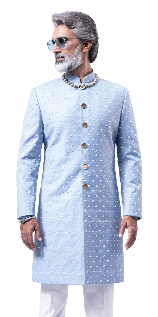 Ice Blue Peak & Valley French Knot Highlight Sherwani