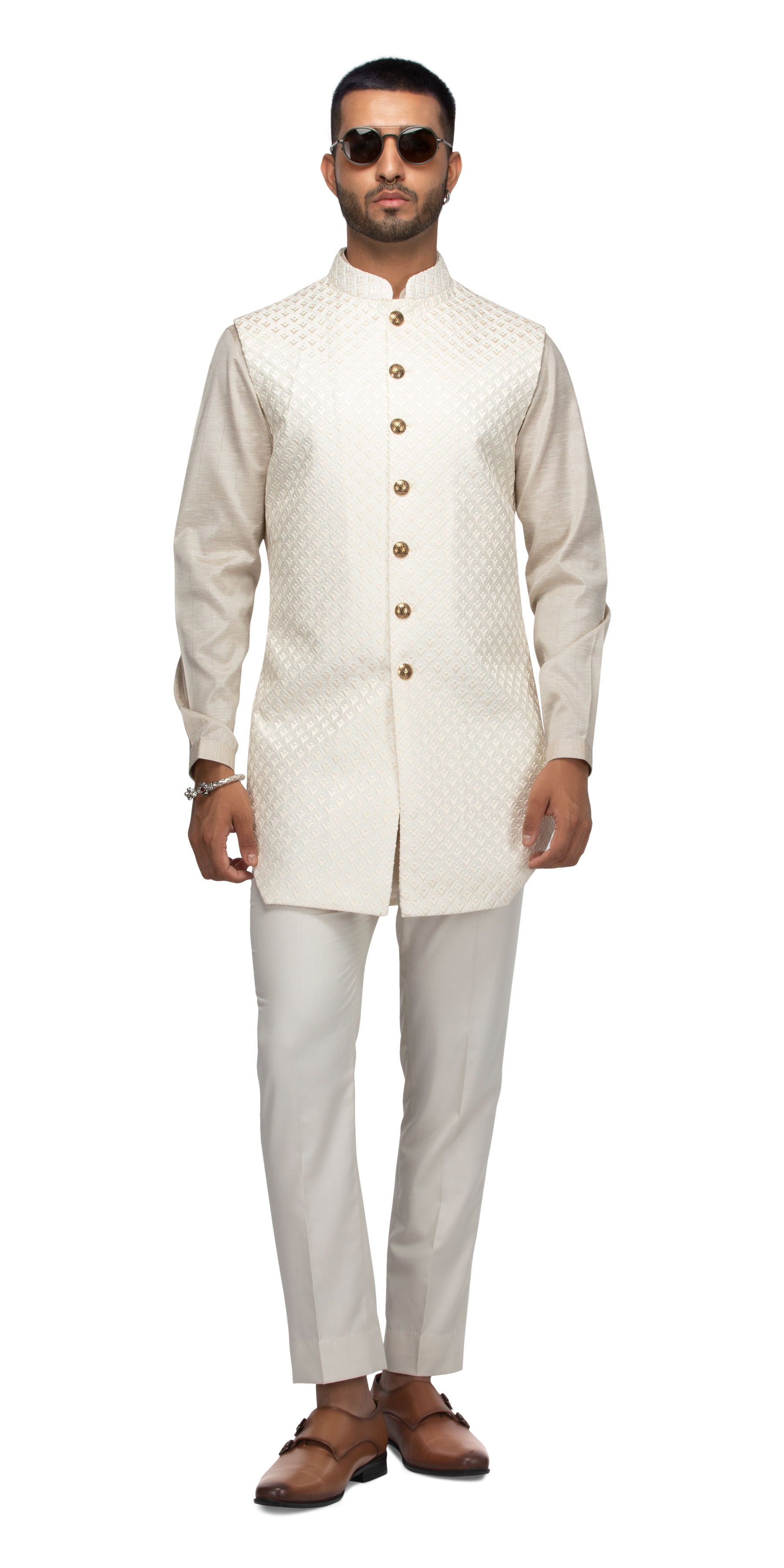Ivory Lamp Caged Long Bundi With Matching Silk Kurta