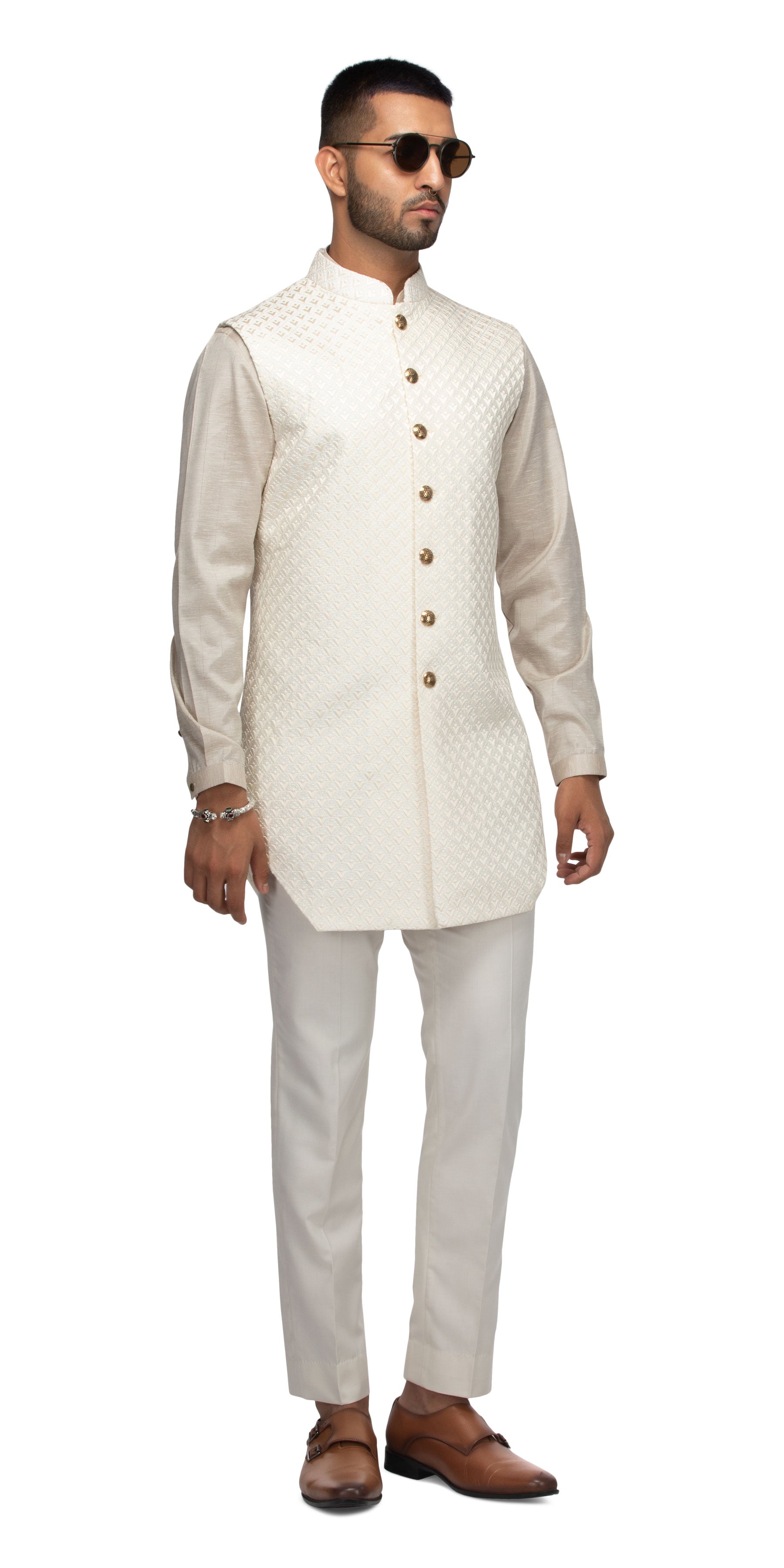 Ivory Lamp Caged Long Bundi With Matching Silk Kurta