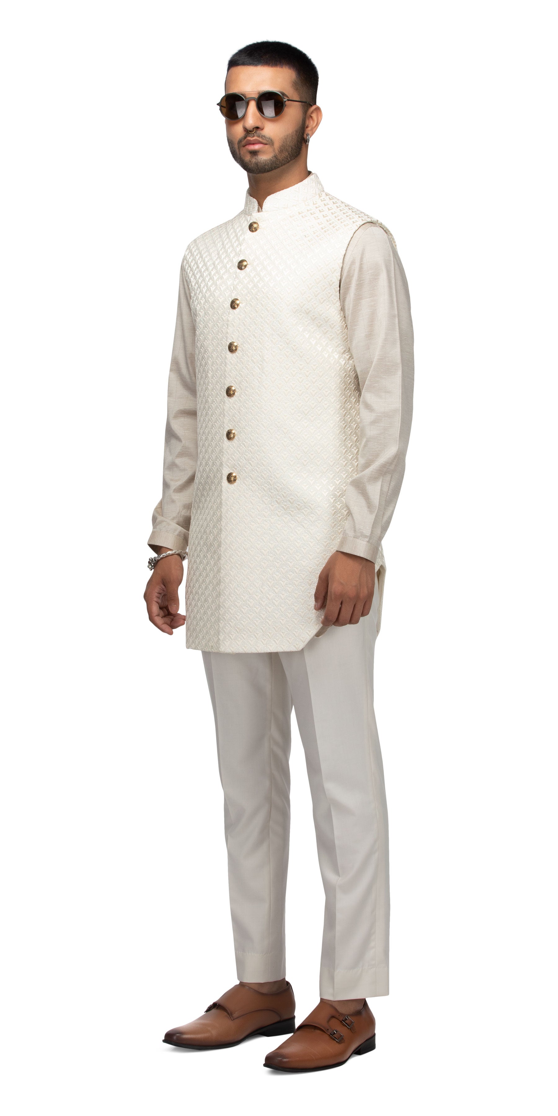 Ivory Lamp Caged Long Bundi With Matching Silk Kurta