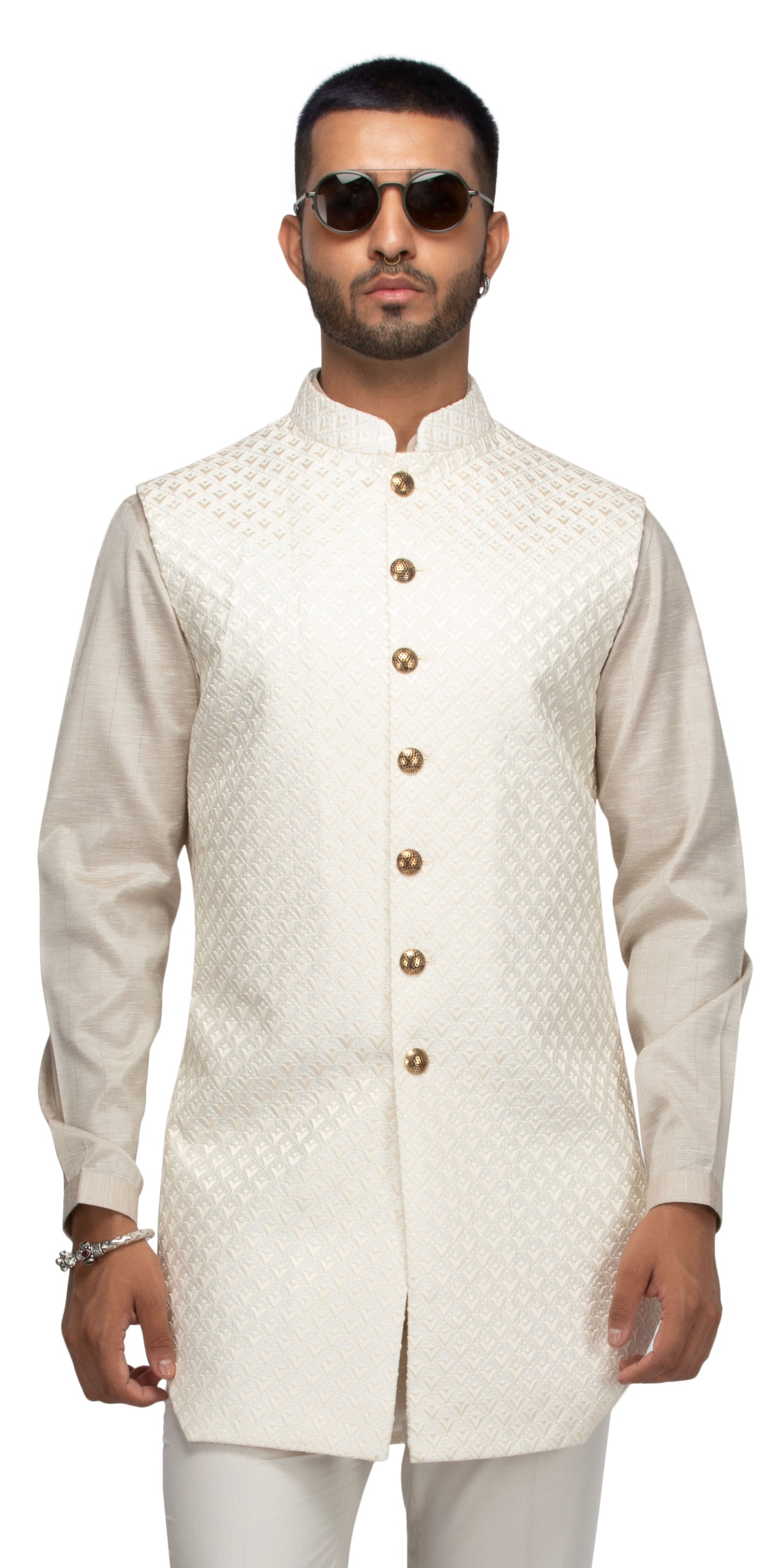 Ivory Lamp Caged Long Bundi With Matching Silk Kurta