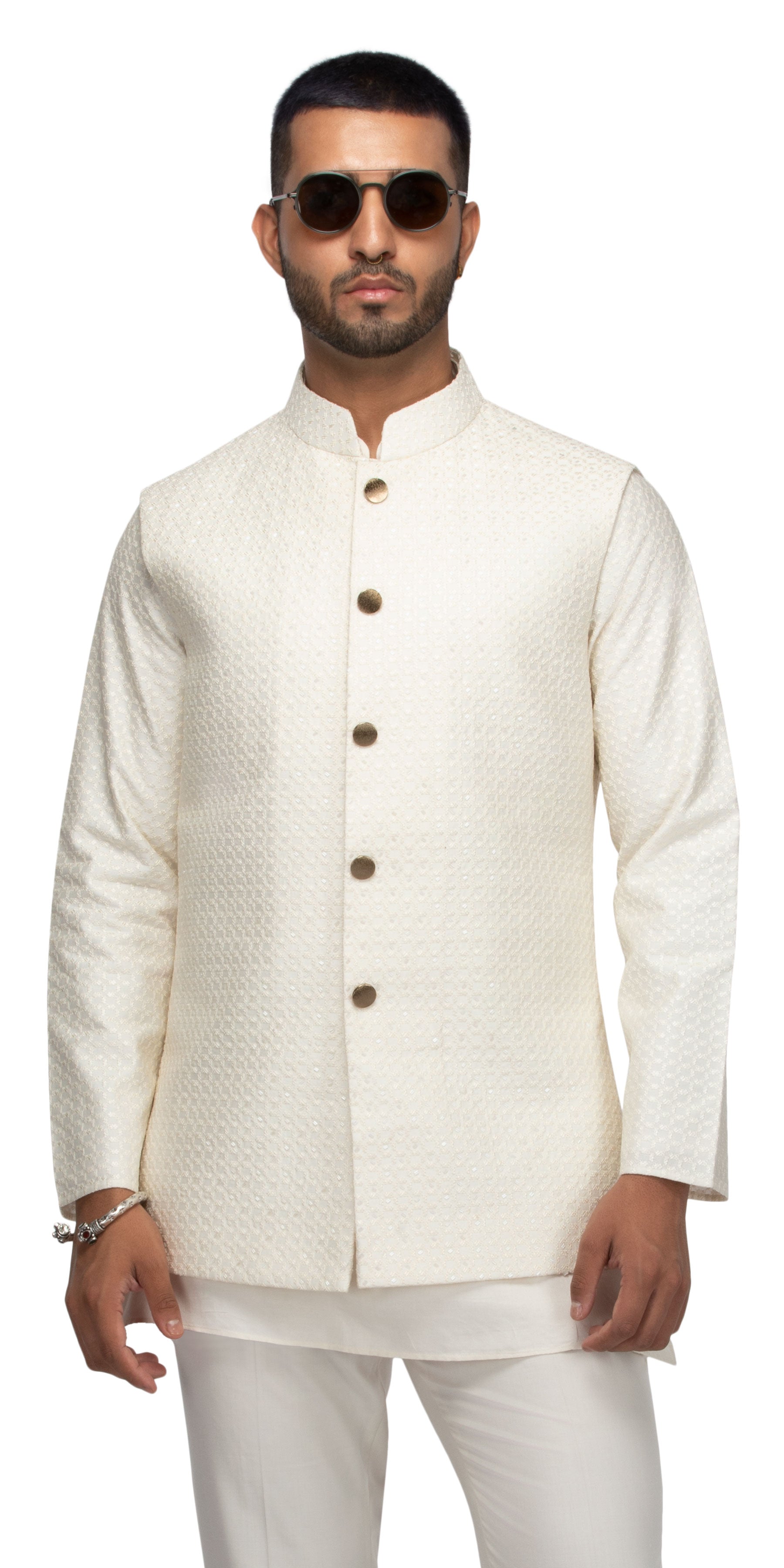 Ivory Stepwell Highlighted Mock Bandhgala With Short Silk Kurta