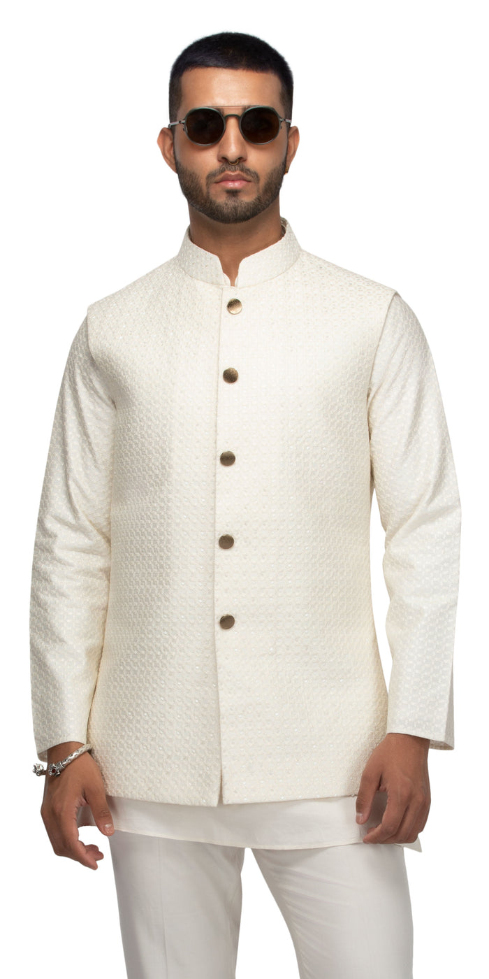 Ivory Stepwell Highlighted Mock Bandhgala With Short Silk Kurta