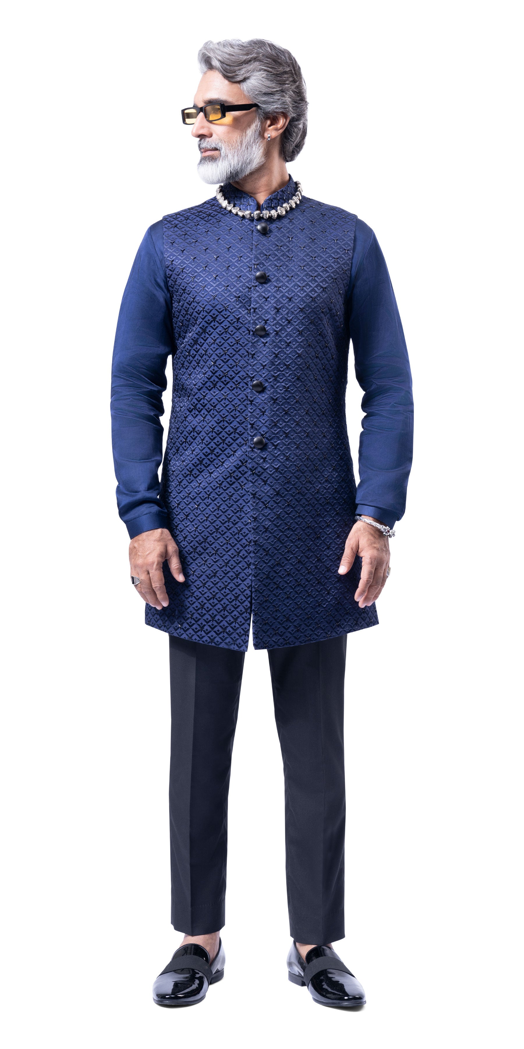 Navy Lamp Block Highlighted Long Jacket