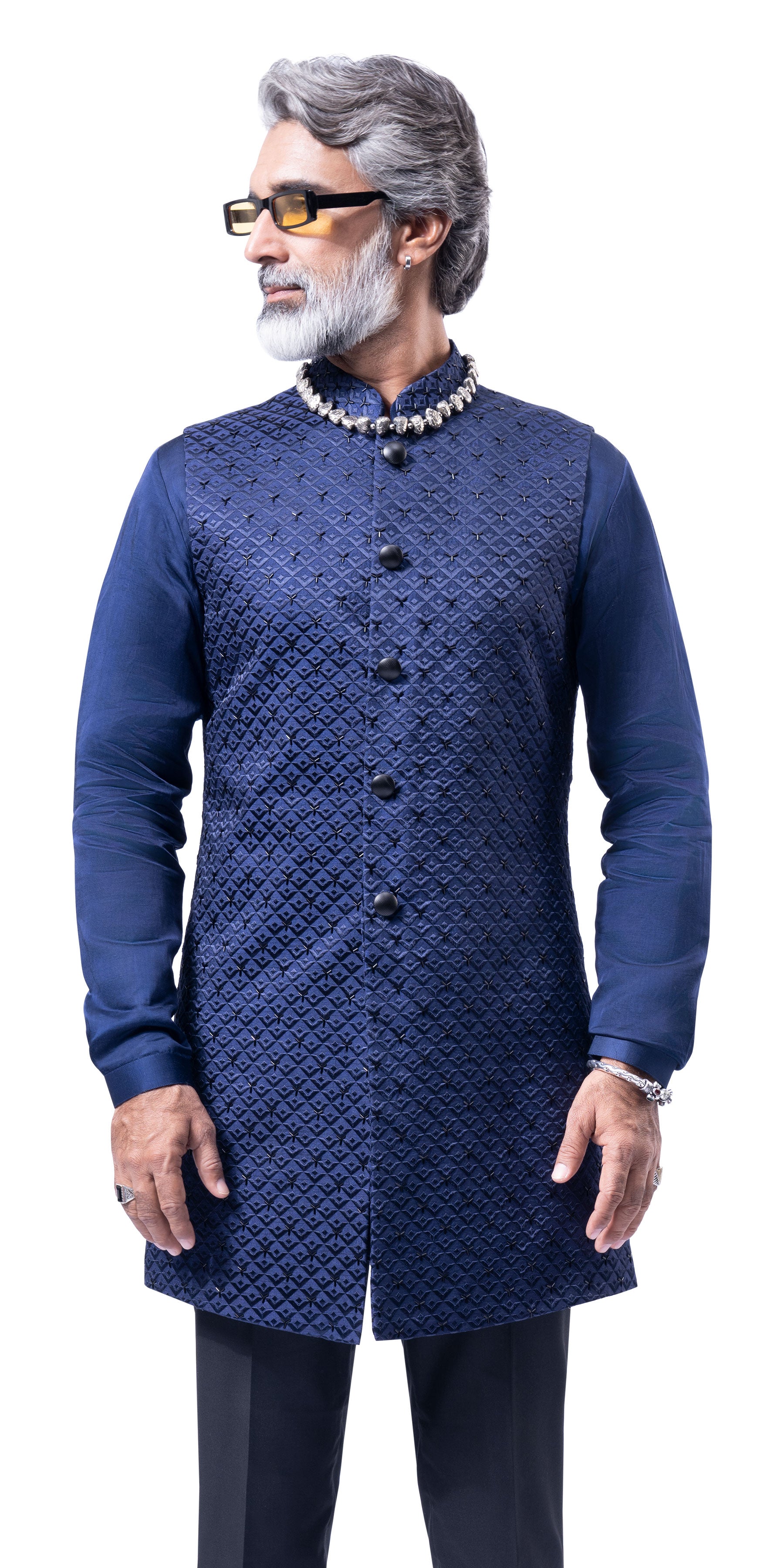 Navy Lamp Block Highlighted Long Jacket