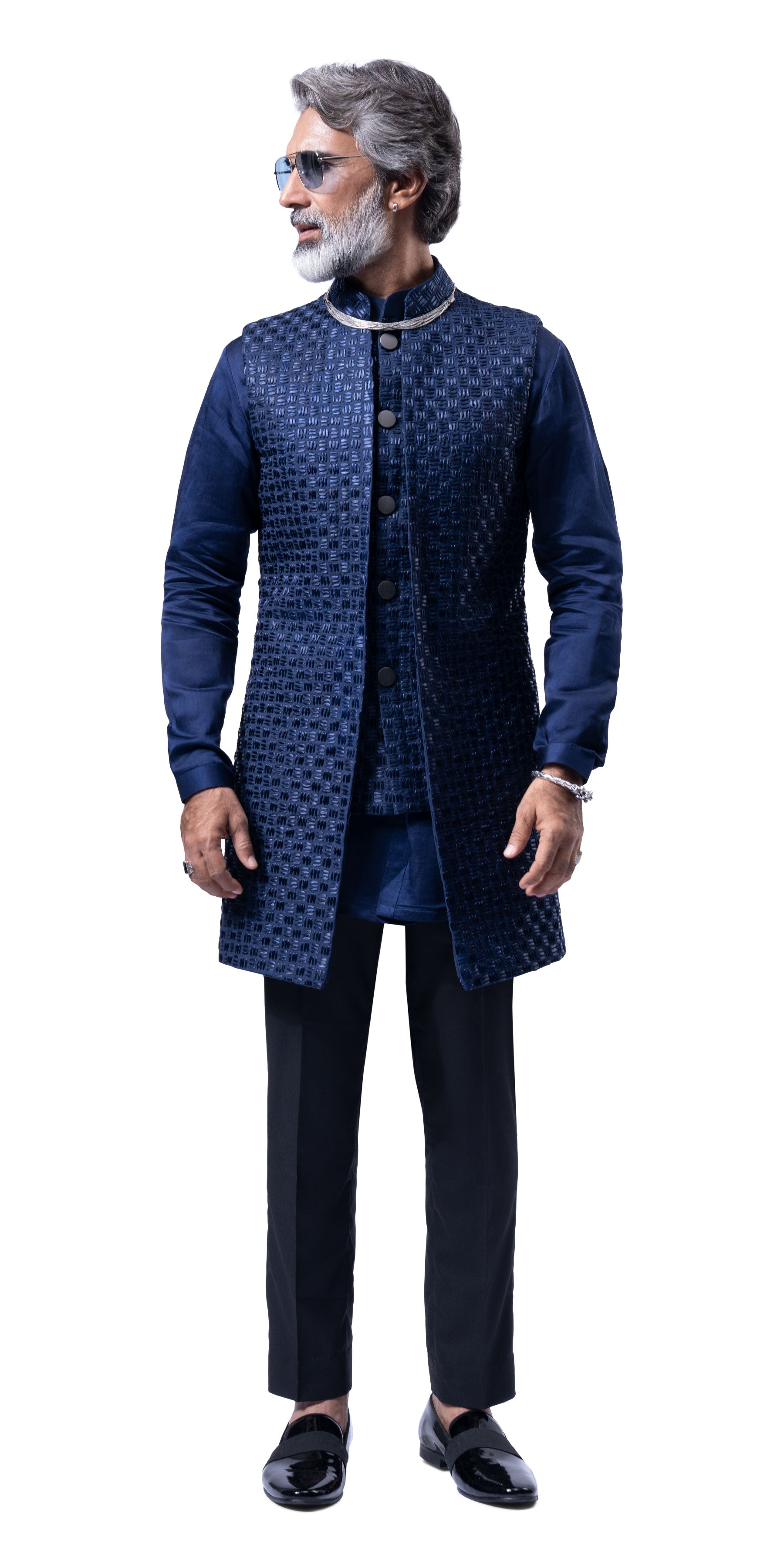 Navy Tetris Dual Tone Mock Layer Bundi-Jacket