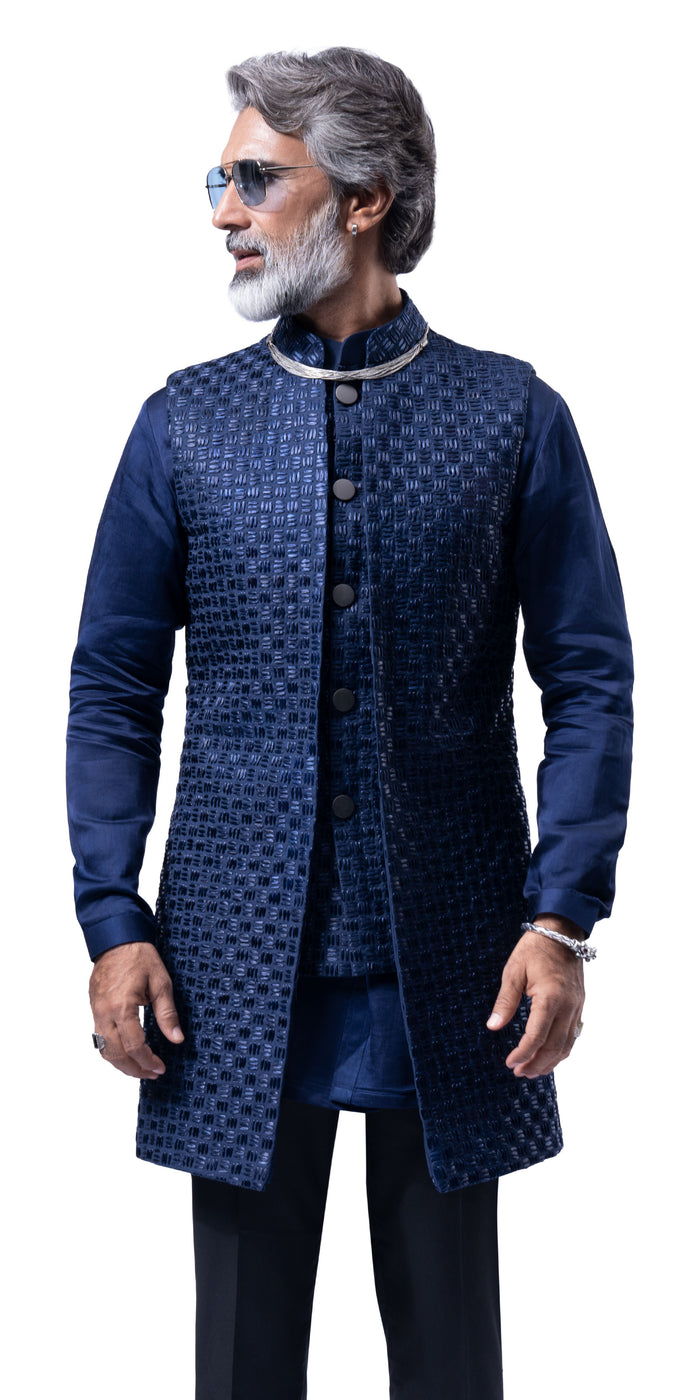 Navy Tetris Dual Tone Mock Layer Bundi-Jacket