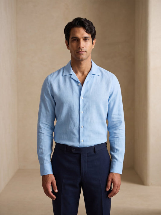 Camp-Collar Linen Shirt in Sky
