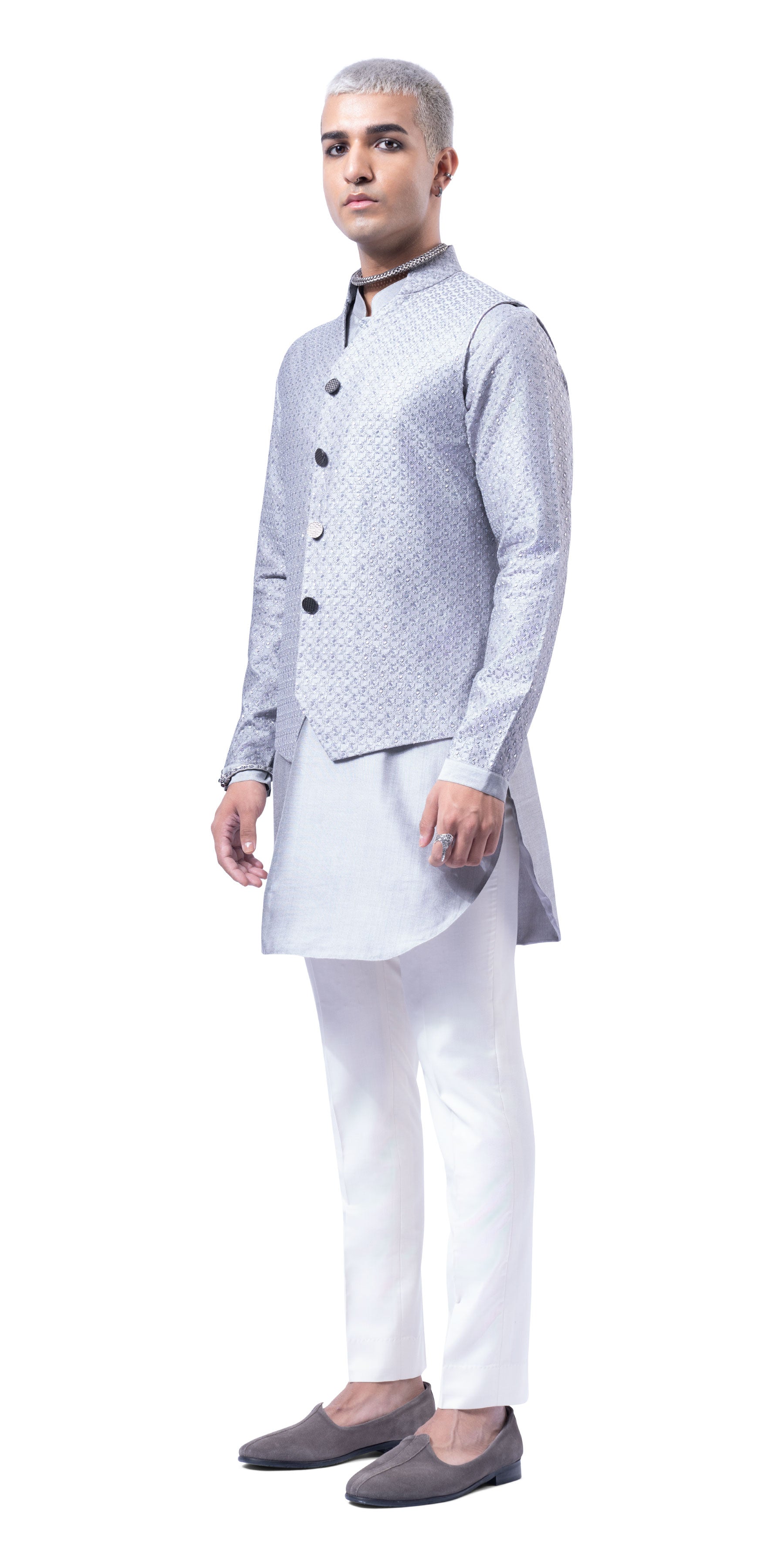 Steel Grey Prism Highlight Mock Bandhgala With Silk Kurta