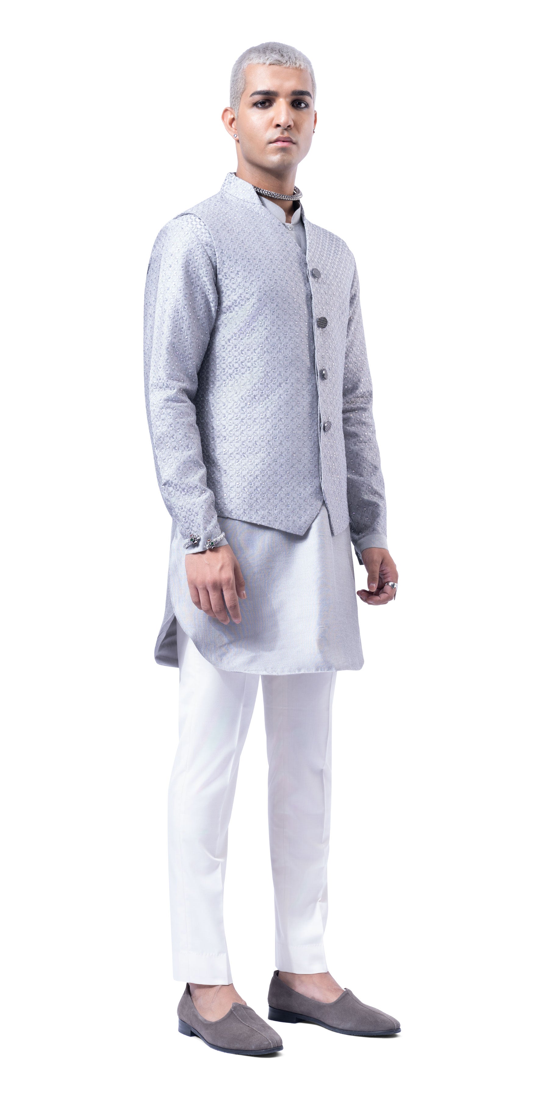 Steel Grey Prism Highlight Mock Bandhgala With Silk Kurta