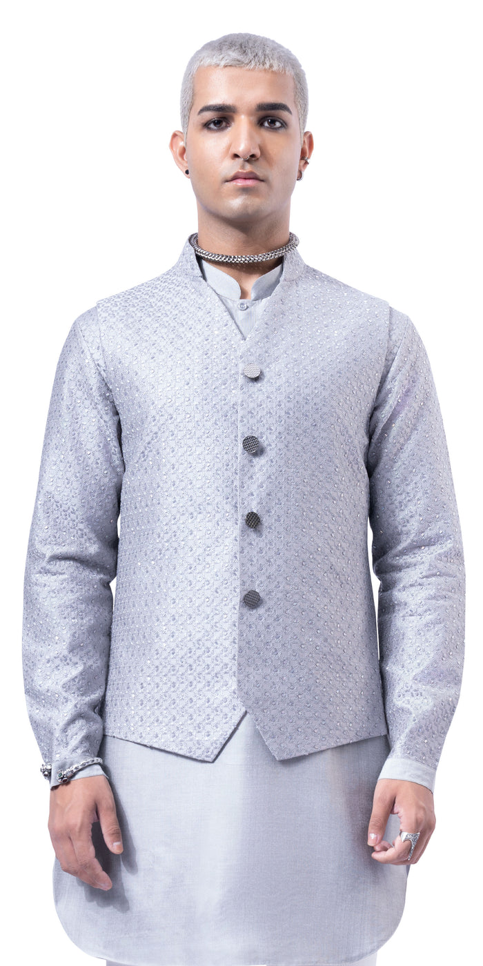 Steel Grey Prism Highlight Mock Bandhgala With Silk Kurta