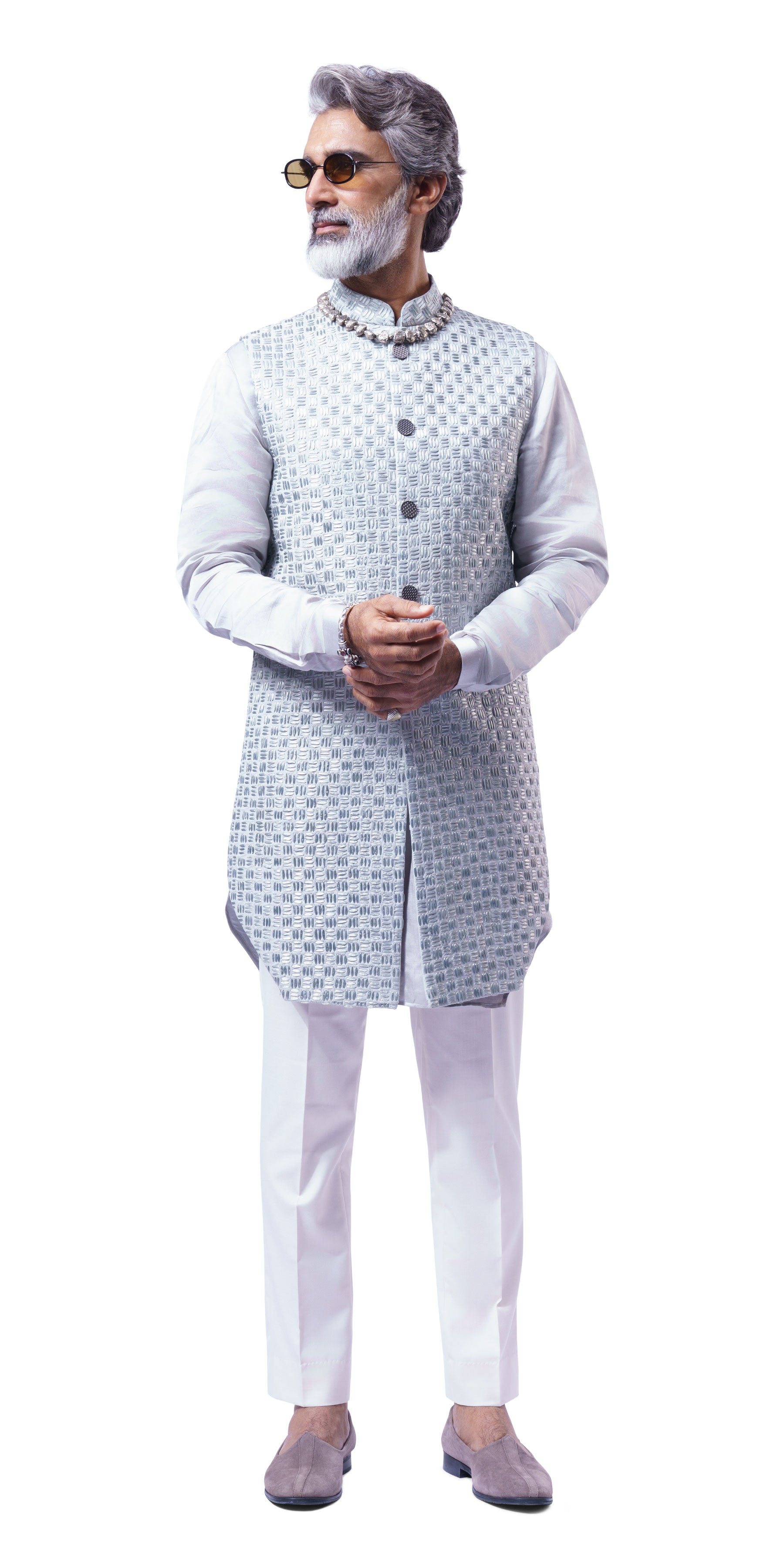 Steel Grey Tetris Dual Tone Long Jacket