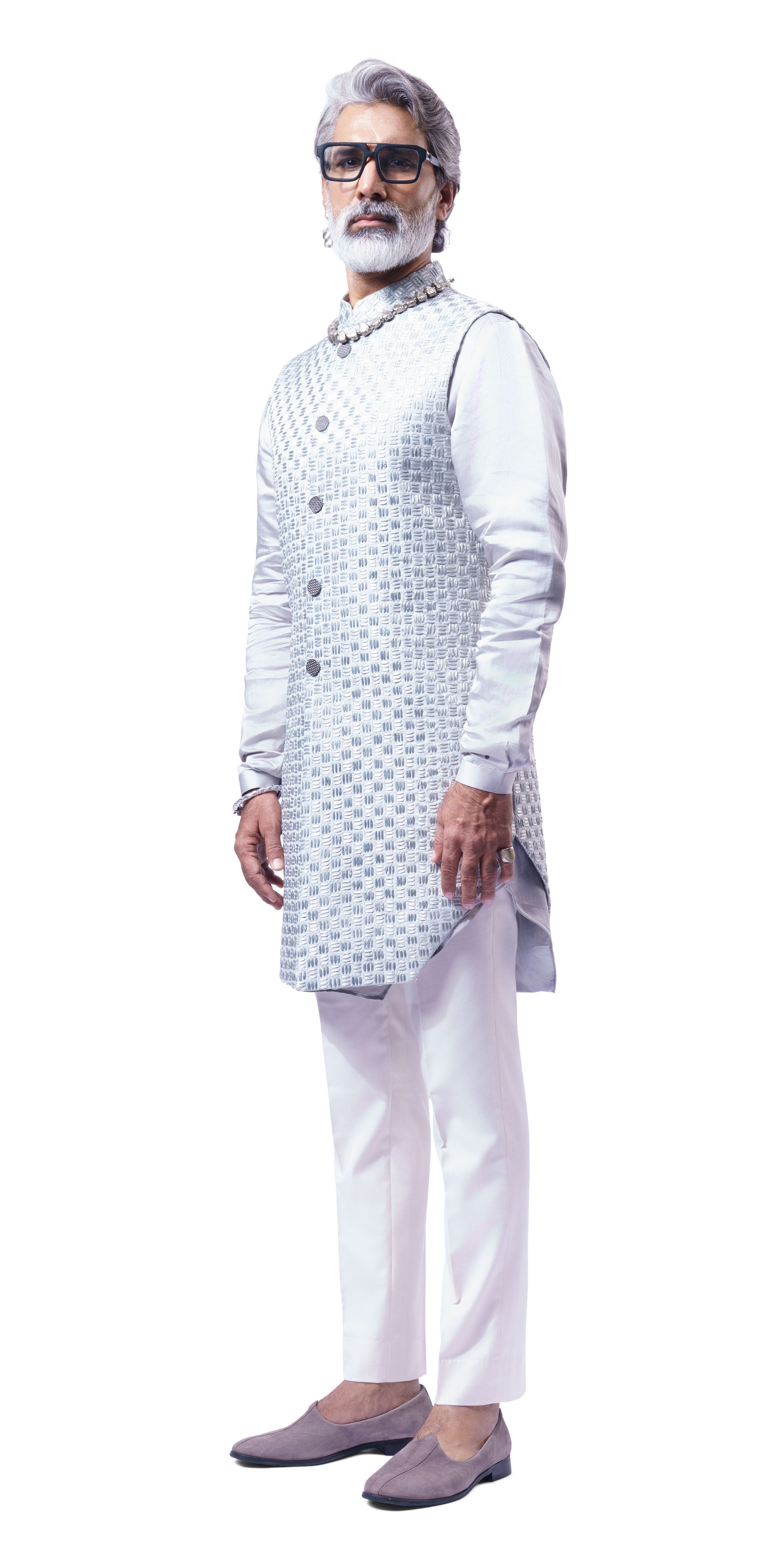 Steel Grey Tetris Dual Tone Long Jacket