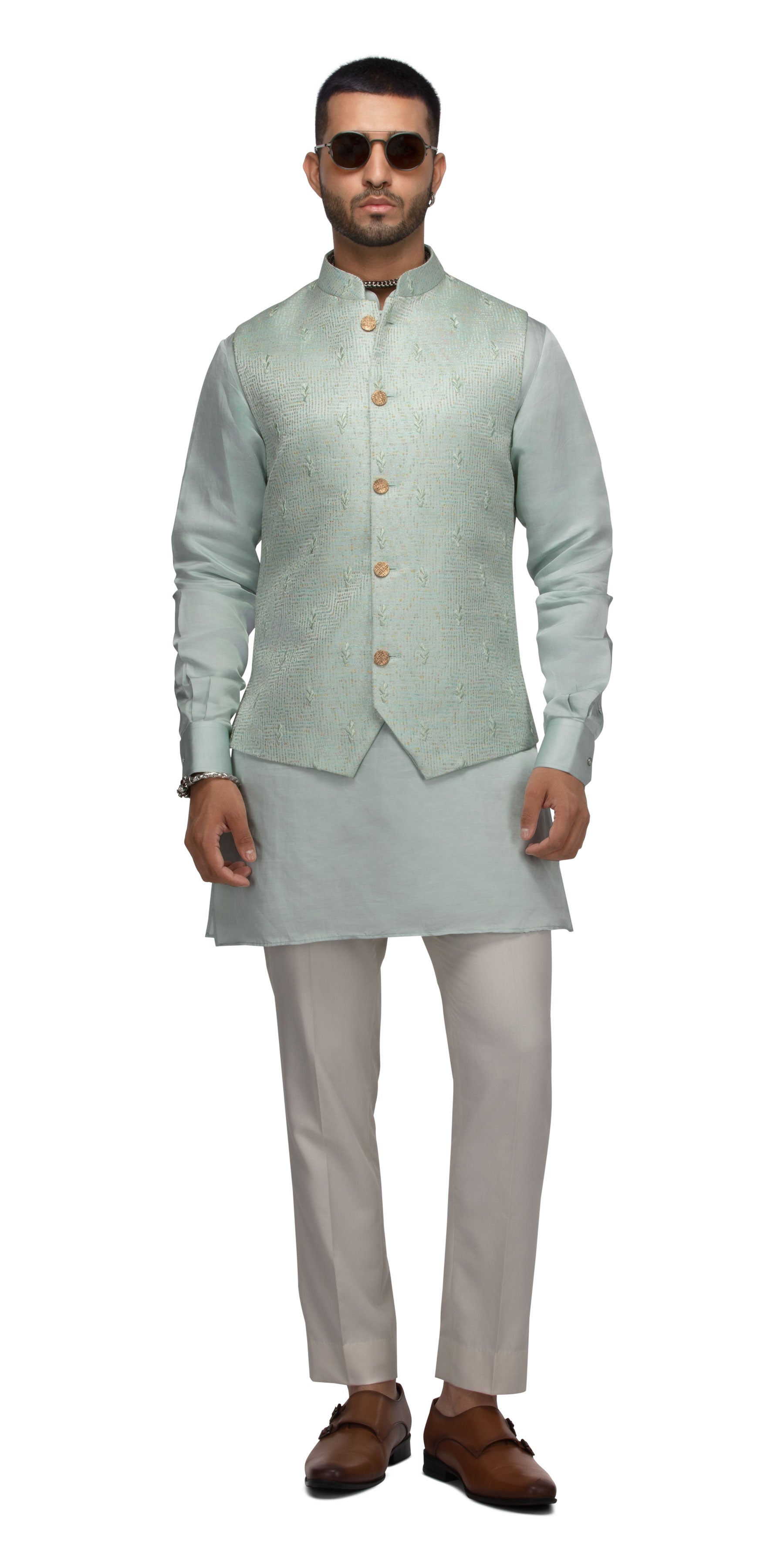 Tonal Spade Waistcoat Bundi And Matching Silk Kurta