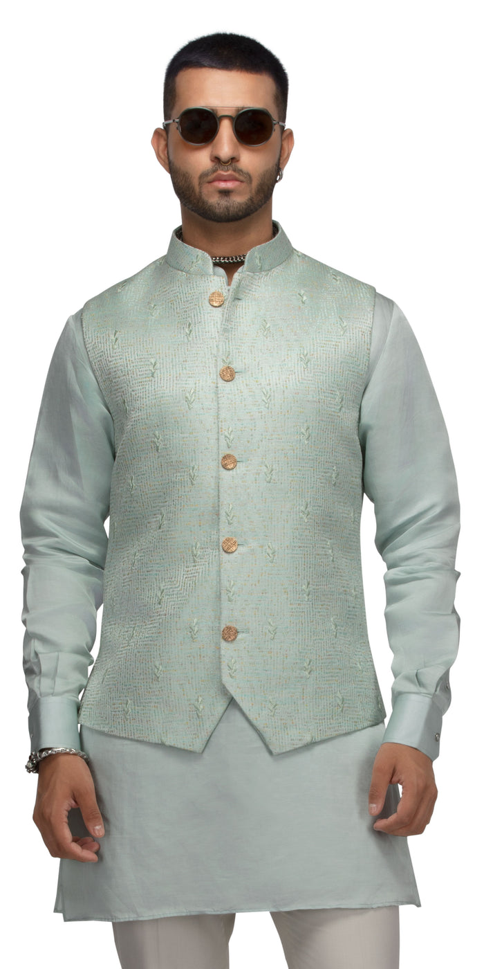 Tonal Spade Waistcoat Bundi And Matching Silk Kurta