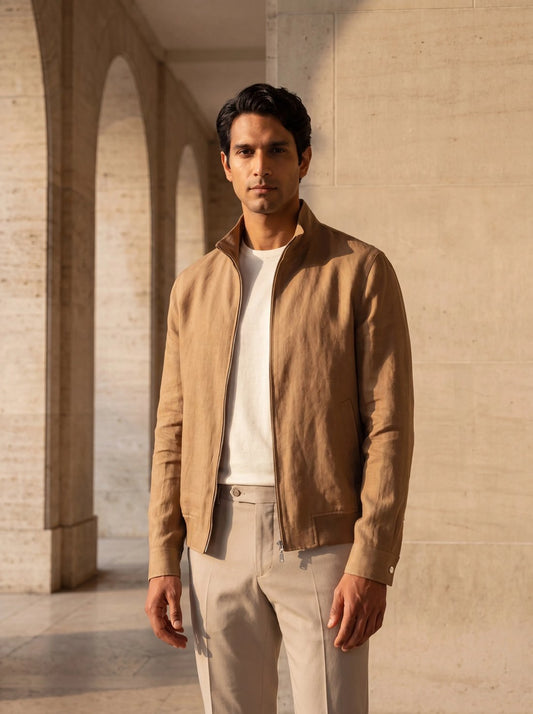 Linen Zip Bomber in Nut