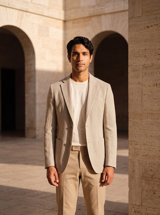 Packable Blazer in Stone Hopsack