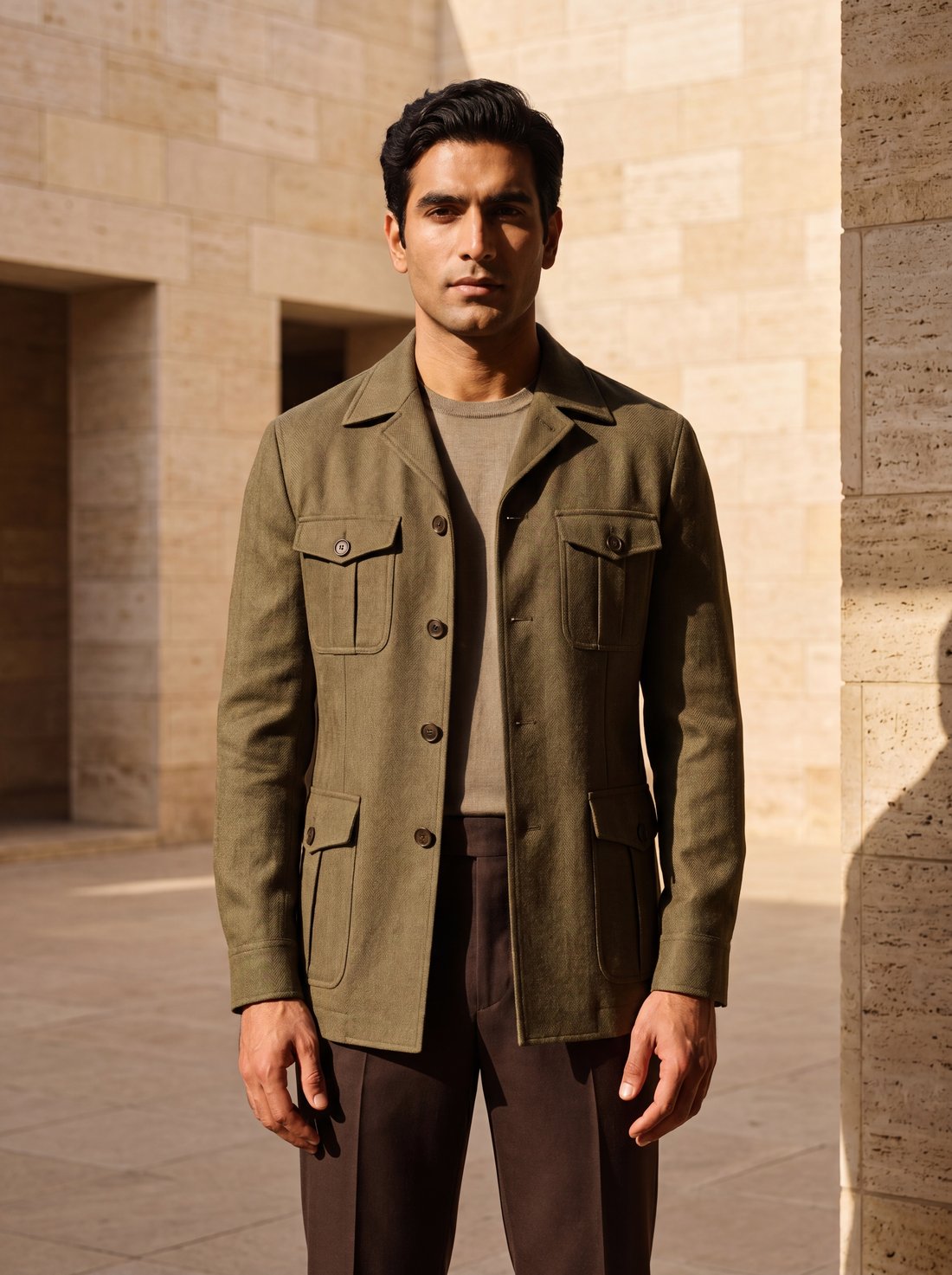 Safari Jacket in Olive Herringbone